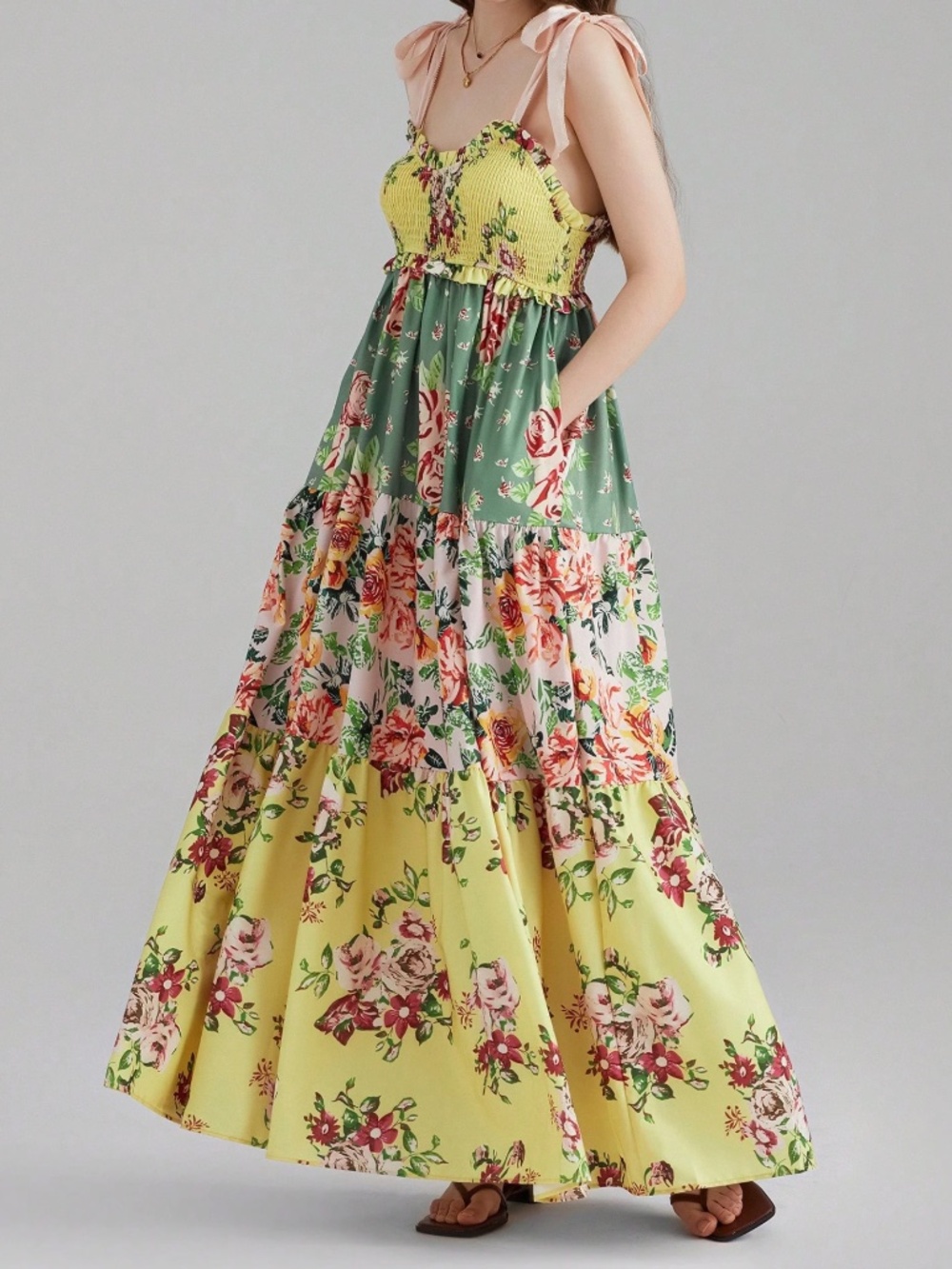 Boho Multicolor Floral Print Shirred Shoulder Tie Ruffle Hem Dress - Picture 3 of 4